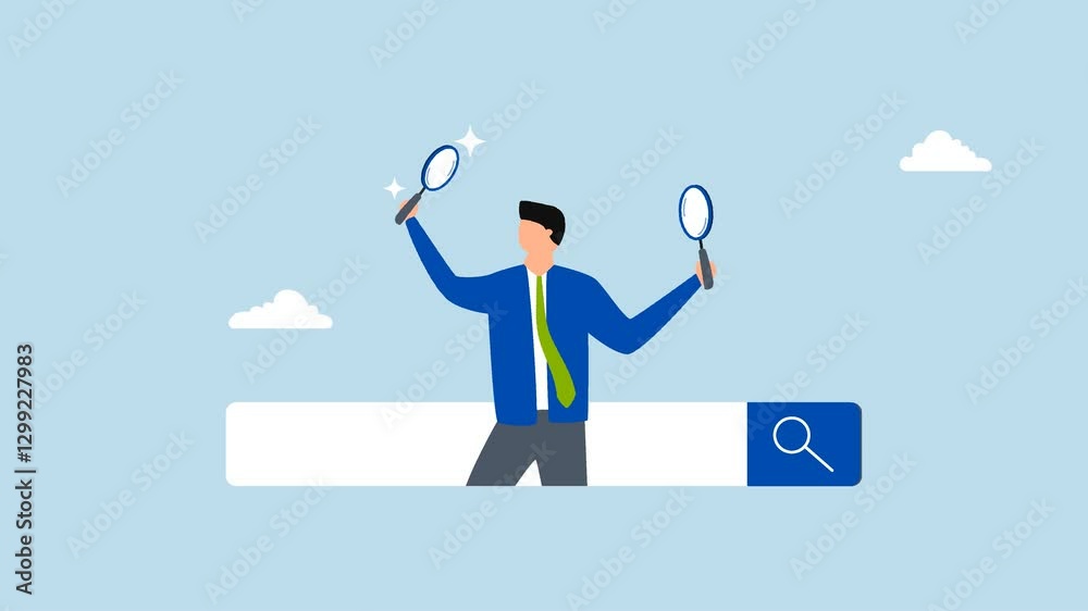 Search, 4k animation of entrepreneur using magnifying glass uncovers new websites from search field. Search, 4k animation of entrepreneur using magnifying glass uncovers new websites from search field.