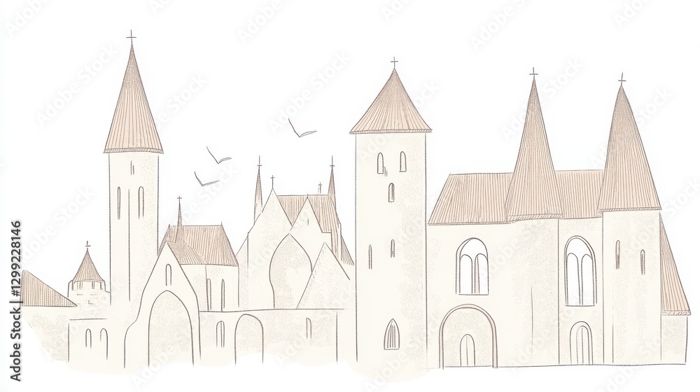 Naklejka premium Whimsical Beige Castle Illustration Soft Pastel Town Skyline Illustration Style and Design Art For Background Use. Soft Pastel Town Landscape Sketch. Illustration of a Fantasy Town Featuring a