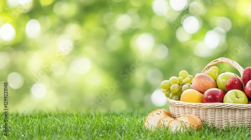 close-up of a picnic basket filled with fruits and bread on a grassy field, natural and inviting,