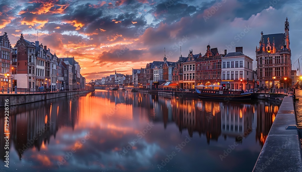 Naklejka premium a river with buildings and a sunset