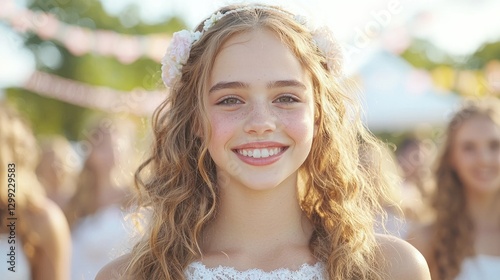 Girl smiles at summer festival, floral crown