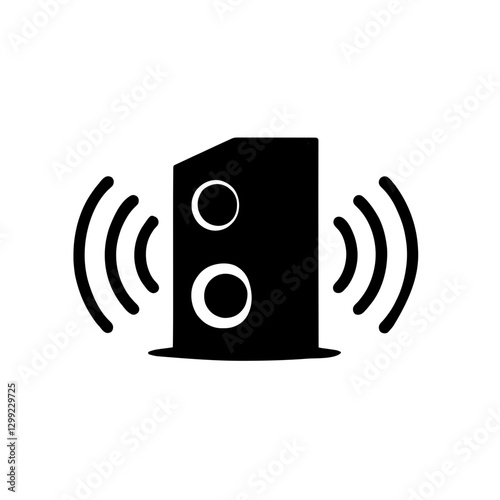 Minimalist black silhouette of a speaker with sound waves on white background