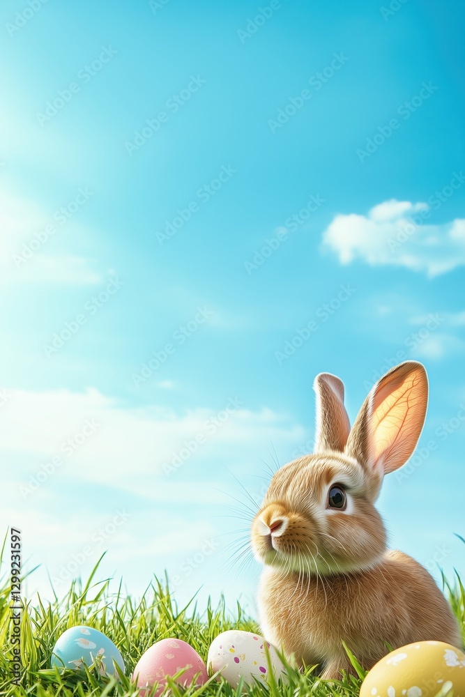 Fototapeta premium Easter flyer with a cute rabbit sitting in the grass, surrounded by scattered eggs under a clear sky