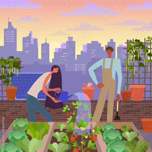 Urban Rooftop Gardening at Sunset – Sustainable City Farming Concept