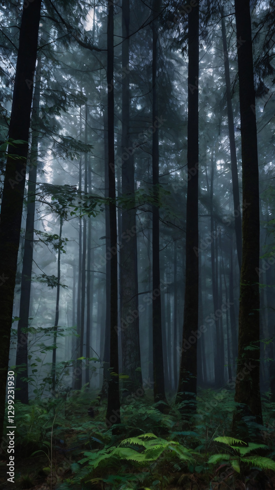 Obraz premium The image shows a dense forest filled with tall, straight trees, shrouded in a thick layer of mist. 