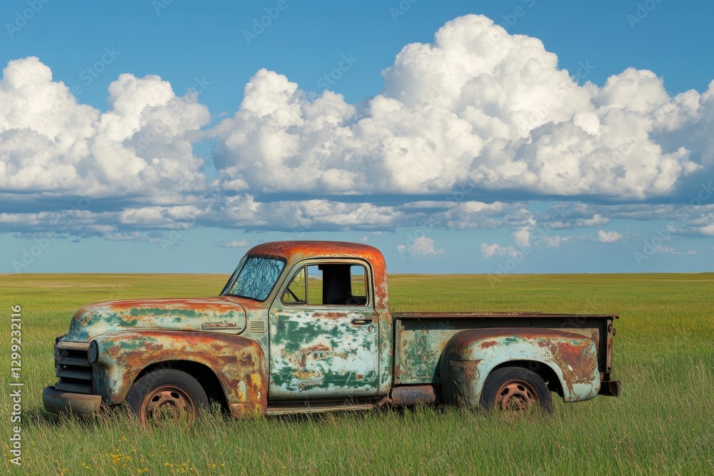An old rusting abandoned pickup truck in a green field