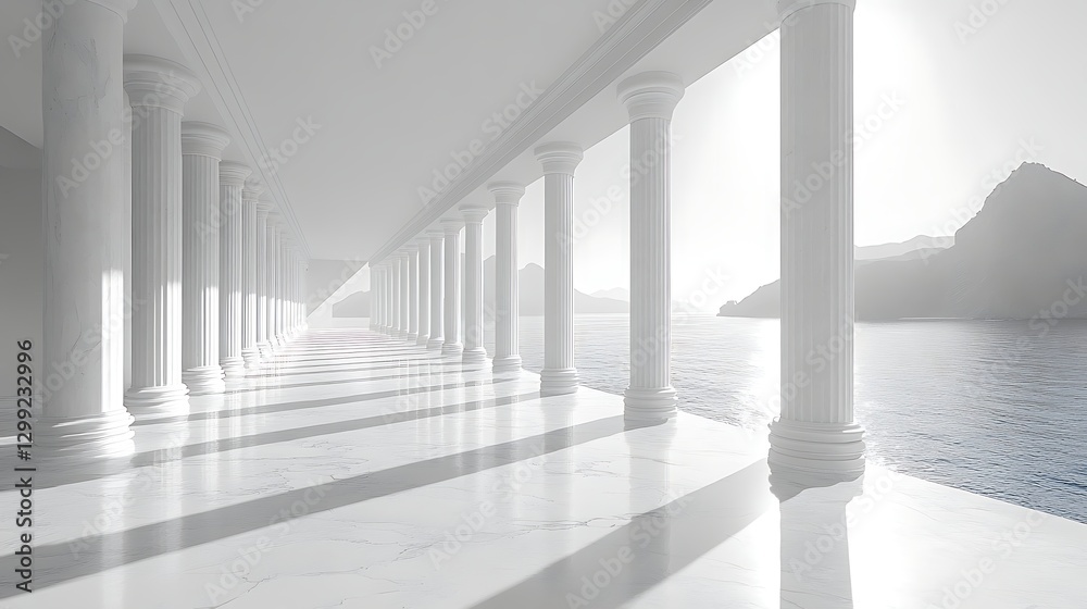 Fototapeta premium Elegant neoclassical colonnade with sea and mountain view image