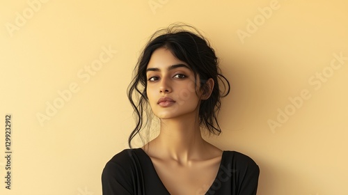 A young Indian woman in a sleek monochrome outfit, standing against a smooth beige wall.