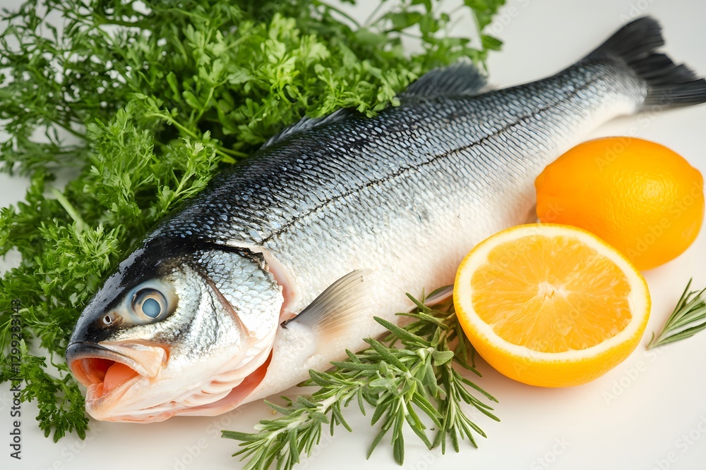 Fresh Sea Bass Fish with Herbs and Lemon Slices Fresh Sea Bass Fish with Herbs and Lemon Slices