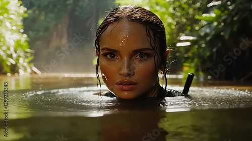 Young woman emerging from water in a lush jungle, showcasing determination and adventure