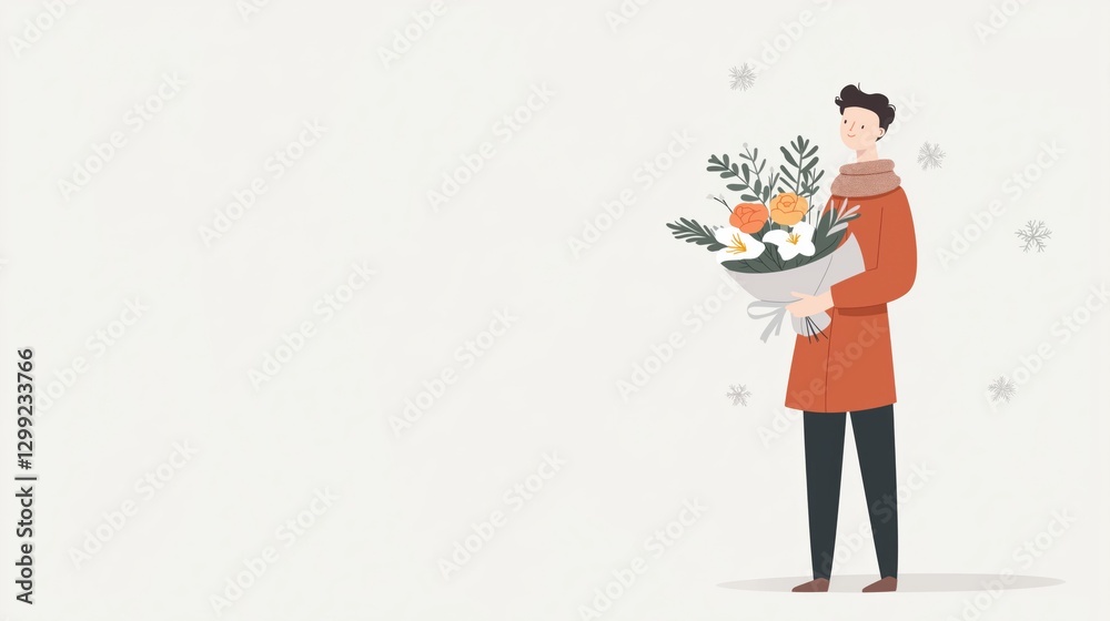 Happy man holding a bouquet of flowers: joyful winter illustration with minimalist design Happy man holding a bouquet of flowers: joyful winter illustration with minimalist design