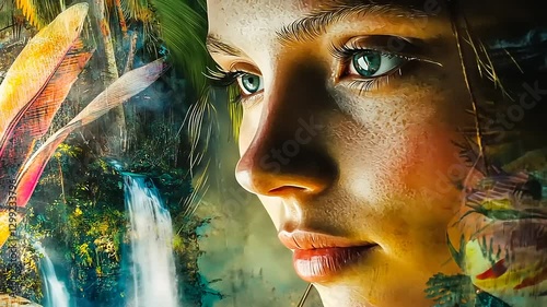 Young woman gazing thoughtfully with a vibrant natural backdrop featuring waterfalls and tropical flora
