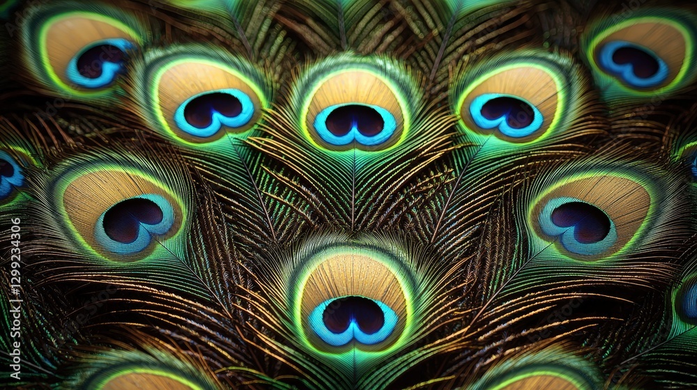 Obraz premium Vibrant peacock feathers pattern with iridescent eyespots