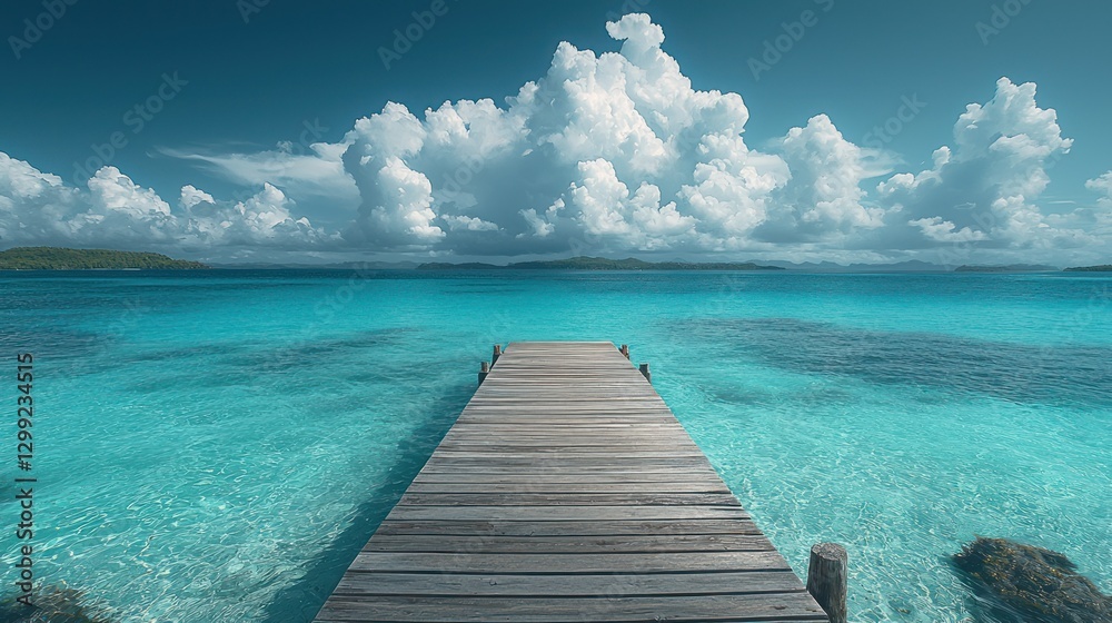 Naklejka premium Tropical pier extends into turquoise water under dramatic clouds