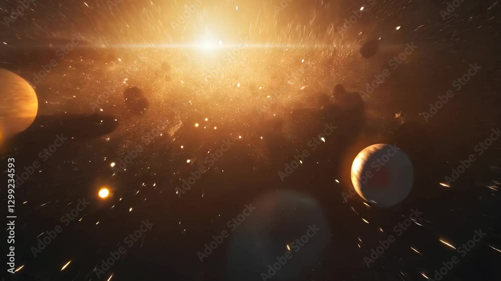 Fantasy animation scene cosmic symphony. A breathtaking view of the cosmos unveils a stunning panorama of planets, celestial bodies, and stellar nebulas, illuminated by the radiant glow of distant sta