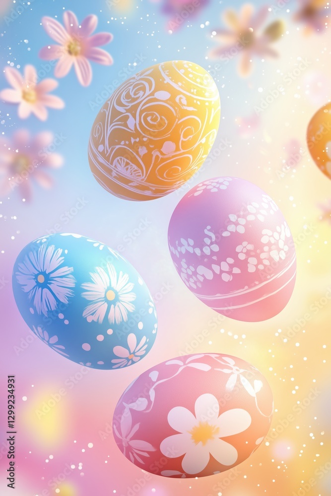 Festive Easter flyer with freely floating decorated eggs, floral details, and soft pastel gradients