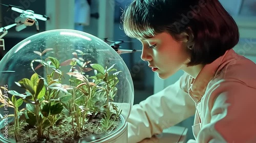 Young woman observing a futuristic plant terrarium under soft lighting in a modern indoor setting