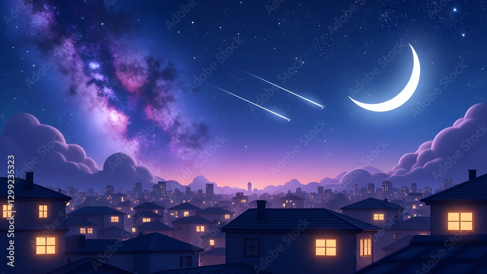 Naklejka premium Dreamy Star Moon Night City