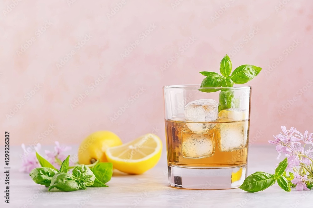 Fototapeta premium Refreshing basil lemonade served in glass with ice cubes, garnished with fresh basil leaves, accented by lemon slices and flowers. Concept focuses on basil lemonade and summer vibes