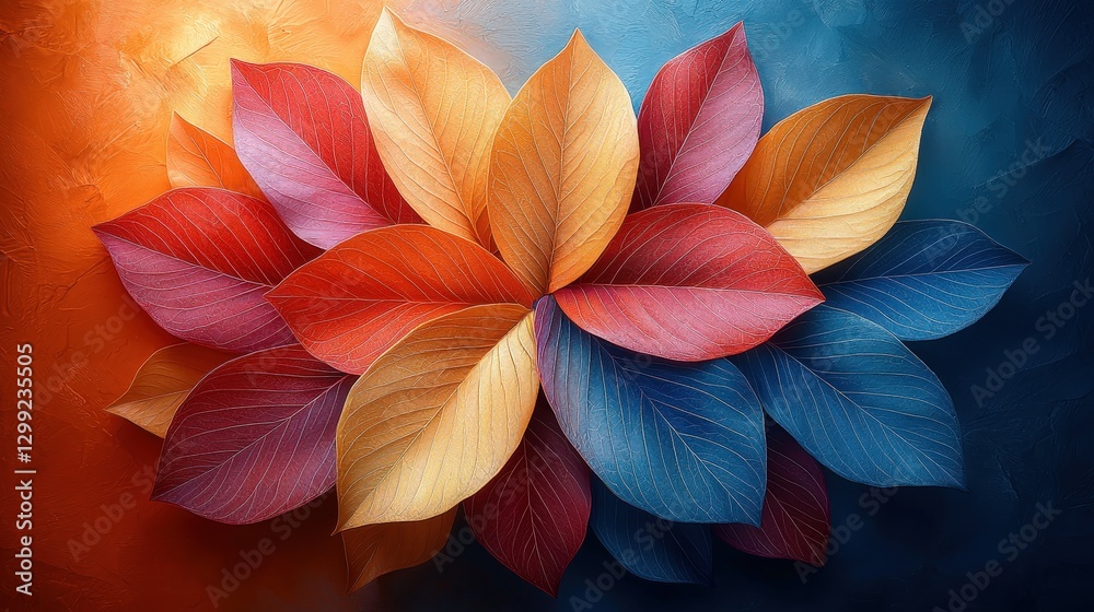 Vibrant abstract flower with multicolored leaves on textured background Vibrant abstract flower with multicolored leaves on textured background