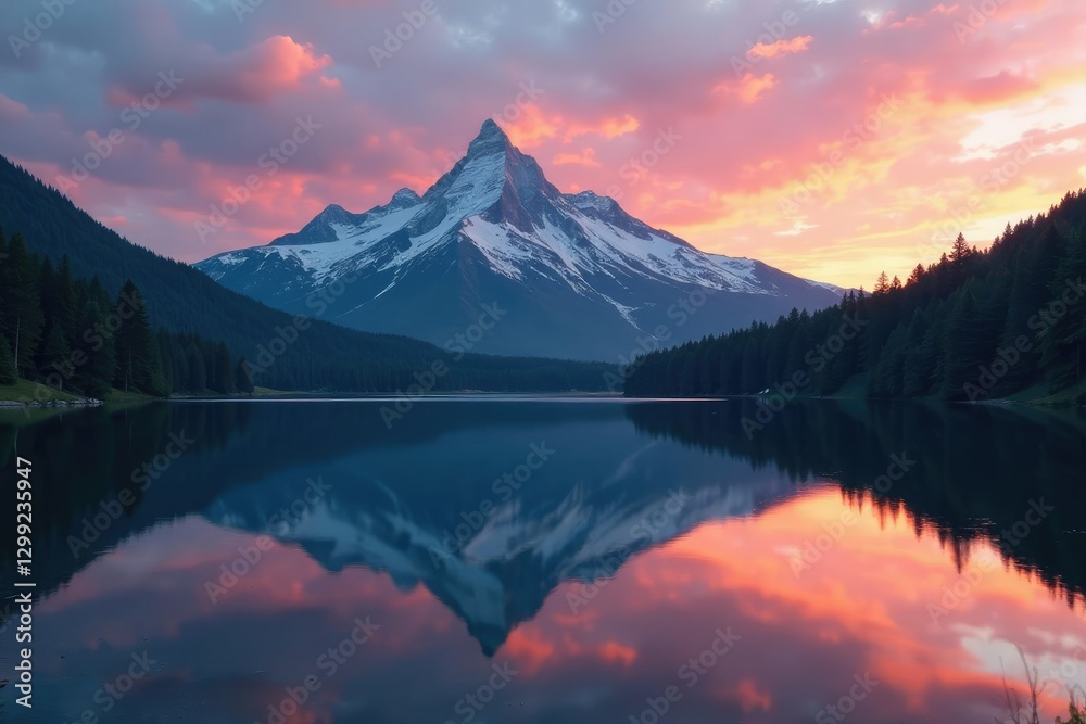 Fototapeta premium A serene white striped mountain landscape reflected in the calm lake at sunset, forest, , calm