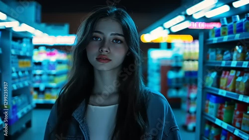 Young woman standing confidently in a brightly lit grocery aisle at night, surrounded by colorful products