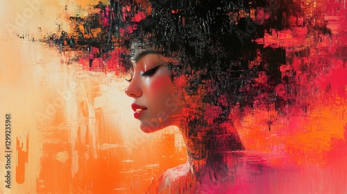 A Vibrant Abstract Portrait: Woman in Profile with Fiery Colors and Textural Brushstrokes - An Expression of Beauty and Artistic Fusion.