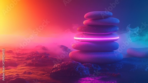 Futuristic zen: neon-lit rock stack against a vibrant, misty background photo