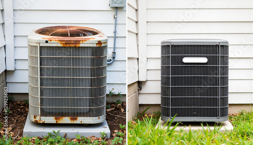 Old rusted air conditioning unit vs. new energy-efficient model, comparison