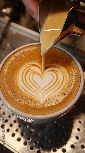 POV of a barista pouring steamed milk into a cup, creating a perfect latte art heart.