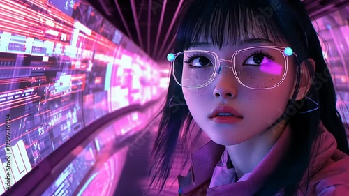 Young woman with glasses in a futuristic tunnel filled with vibrant digital displays, showcasing technology