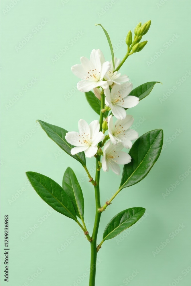 Obraz premium Green stem with white eucalyptus flowers and leaves, botanical, green stem,