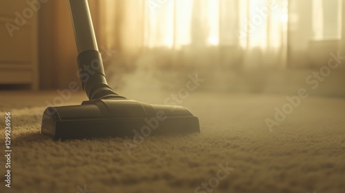 Steam cleaning: vacuuming carpet with morning sunlight streaming through curtains for a fresh home