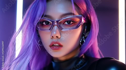 Young woman with purple hair and stylish glasses posing confidently in a vibrant neon-lit setting