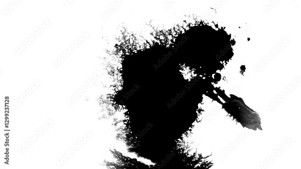 Spraying black paint on a white background. Spray of ink over the white surface. Black watercolor paint spraying. Particles of black paint scatter on white paper. Close up. Spraying black paint on a white background. Spray of ink over the white surface. Black watercolor paint spraying. Particles of black paint scatter on white paper. Close up.