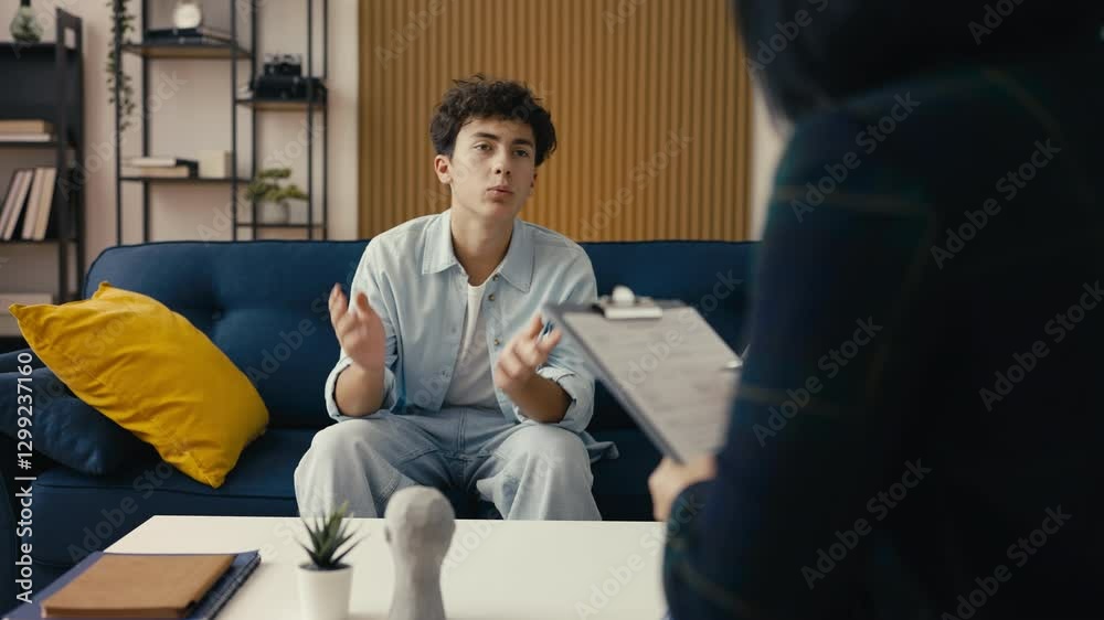Nervous teenager discussing school problems with a counselor, seeking guidance
