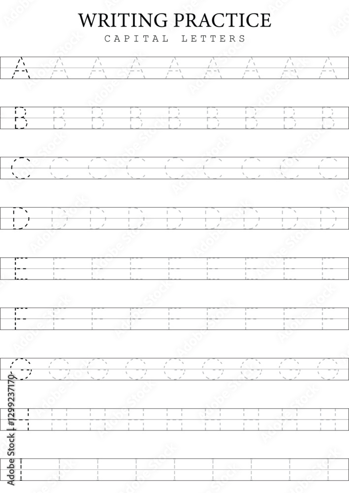 Capital Letters Tracing 1 A to I Template for Kids, Simple Vector Alphabet Writing Practice Sheet Capital Letters Tracing 1 A to I Template for Kids, Simple Vector Alphabet Writing Practice Sheet