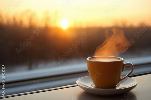 Warm cup of coffee sits on a table as the sun rises over a tranquil winter landscape