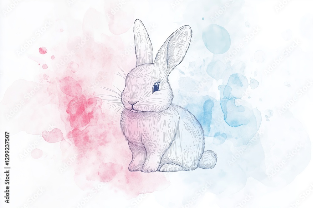 Obraz premium Minimalist Easter greeting card with a hand-drawn bunny and soft pastel watercolor splashes