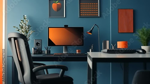 Modern workspace featuring a sleek desk setup with orange accents, plants, and wall art in a blue room