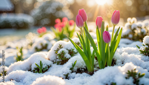 Budding tulips emerging through melting snow in garden, spring awakening