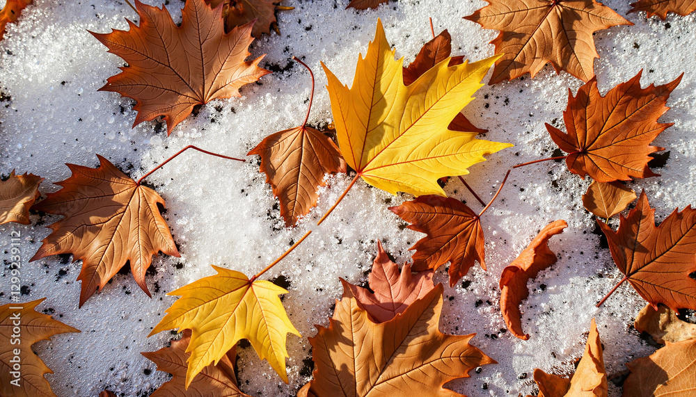 Obraz premium Melting snow on colorful fallen leaves in forest, seasonal transition