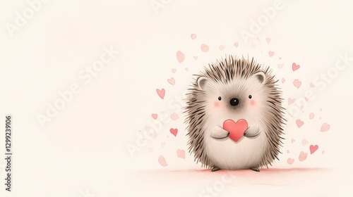 Adorable hedgehog holding heart surrounded by watercolor hearts - cute animal illustration