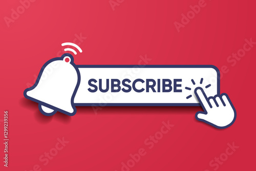 Subscribe icon button, bell icon. Notification icon button and hand cursor click. Red button subscribe element for social media, marketing, channel, website, mobile app. Vector illustration eps10