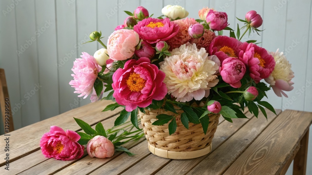 custom made wallpaper toronto digitalVibrant peony flower arrangement on a wooden table, fresh flowers, wood table, bouquet, , floral design