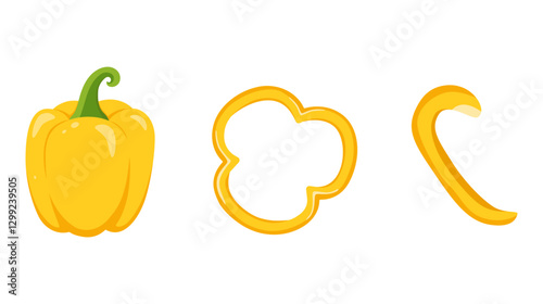 Set of ripe bell pepper icons. Whole, half and slice pepper. Vector illustration