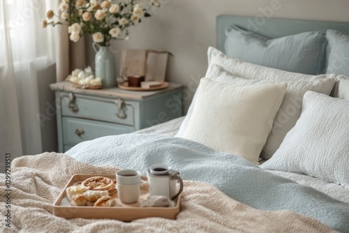 Cozy bedroom breakfast, tray of pastries and coffee, peaceful morning photo
