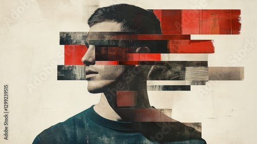 A striking silent art collage of a man in a desaturated color scheme, minimalist geometric overlays creating a fragmented but elegant visual