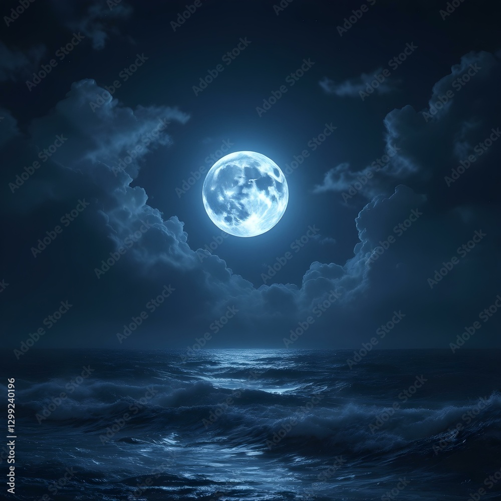 Fototapeta premium Full moon, stormy ocean at night, dramatic clouds, moonlit waves