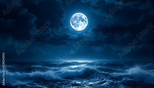 Full moon, stormy ocean at night, dramatic clouds, moonlit waves